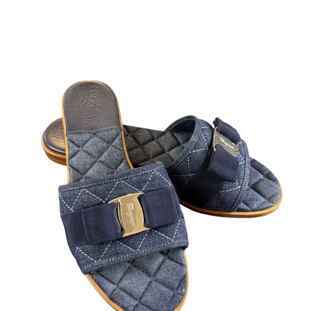 Salvatore Ferragamo Blue Quilted Sandals with Bow - Picture 1 of 7